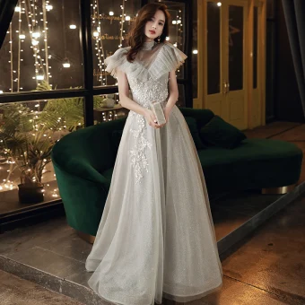 Scintillantes Charmant Argenté Gris Robe De Soirée 2020 Princesse Col Haut Perlage Paillettes Faux Diamant Appliques Manches Courtes Dos Nu Longue Robe De Ceremonie