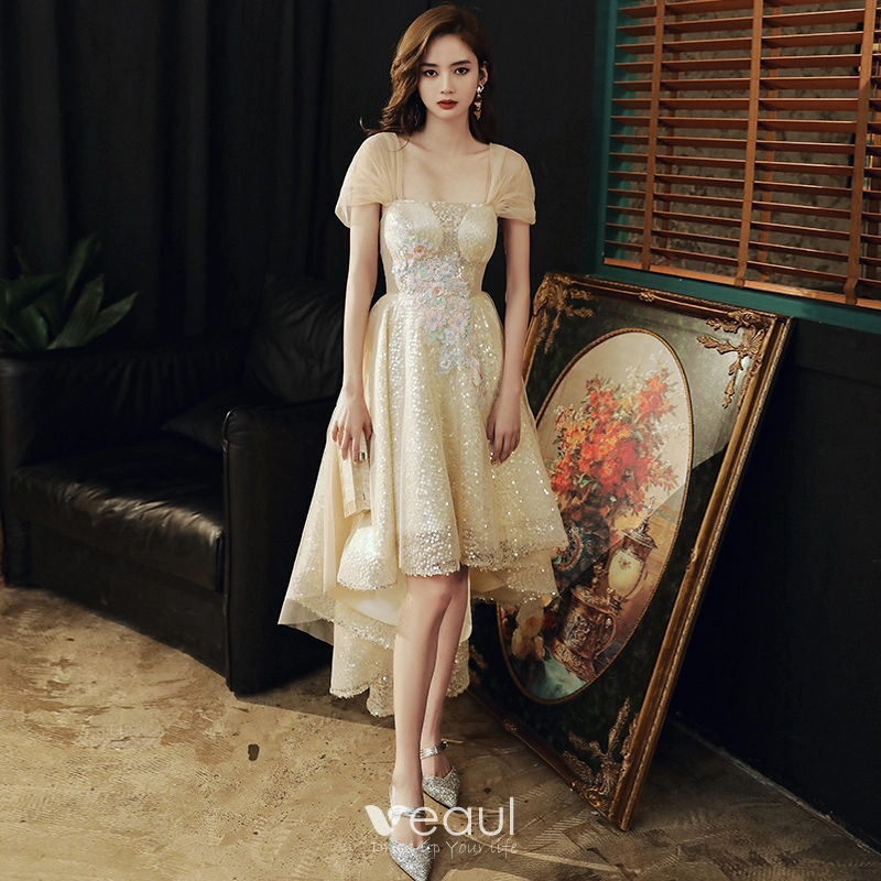 Sparkly Gold Asymmetrical Cocktail Dresses 2020 A-Line / Princess Off-The-Shoulder Pearl Sequins Appliques Short Sleeve Backless Formal Dresses Sparkly Gold Asymmetrical Cocktail Dresses 2020 A-Line / Princess Off-The-Shoulder Pearl Sequins Appliques Short Sleeve Backless Formal Dresses