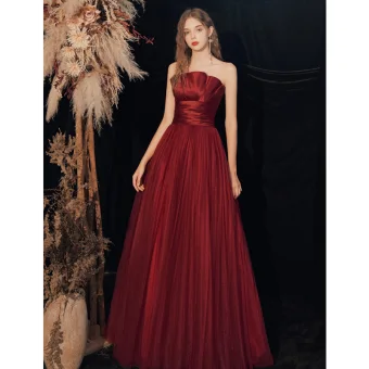 Chic Belle Bordeaux Robe De Bal 2020 Princesse Bustier Sans Manches Dos Nu Longue Robe De Ceremonie