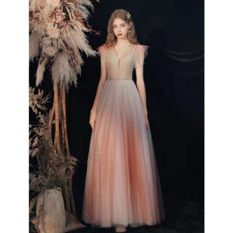 Charming Red Gradient Color Evening Dresses 2020 A Line Princess V Neck Beading Sequins Sleeveless Backless Floor Length Long Formal Dresses