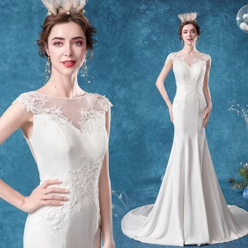 Affordable Ivory Wedding Dresses A Line Princess 2020 Scoop Neck Lace Flower Sleeveless Sweep Train