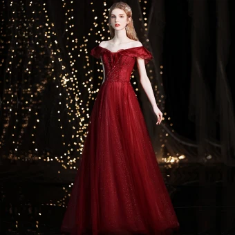 Charmant Bordeaux Robe De Bal 2021 Princesse De L 039 Épaule Perlage Paillettes Manches Courtes Dos Nu Longue Robe De Ceremonie