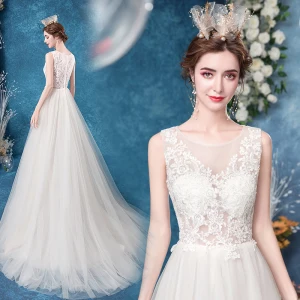 Abordable Ivoire Robe De Mariée 2020 Princesse Encolure Dégagée En Dentelle Fleur Sans Manches Train De Balayage