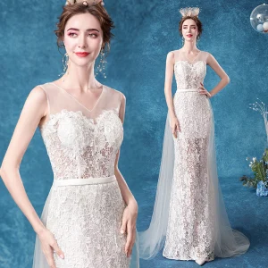Illusion Affordable Ivory Trumpet Mermaid Wedding Dresses 2020 V Neck Lace Flower Sleeveless Backless Sweep Train