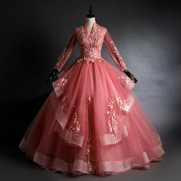 Chic Belle Rose Bonbon Quinceañera Robe De Bal 2020 Robe Boule V Cou Perlage Paillettes En Dentelle Fleur Manches Longues Dos Nu Longue Robe De Ceremonie