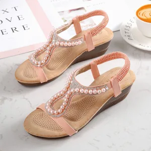 Moda Lato Różowy Perłowy Przypadkowy Sandały Damskie 2020 Perła Rhinestone 4 Cm Na Koturnie Peep Toe Sandały