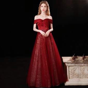 Charmant Bordeaux Robe De Bal 2021 Princesse De L 039 Épaule Perlage Faux Diamant Paillettes Sans Manches Dos Nu Longue Promo Robe De Ceremonie