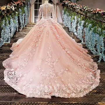 Luxury Gorgeous Pearl Pink Wedding Dresses 2018 Ball Gown Lace Flower Appliques Beading Rhinestone Scoop Neck Long Sleeve Cathedral Train Wedding