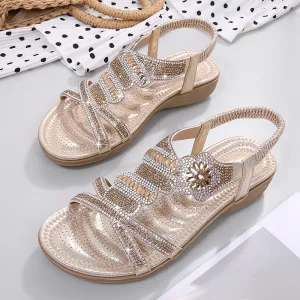 Mode Été Doré Vêtement De Rue Plate Sandales Femme 2020 Faux Diamant Peep Toes Bout Ouvert Sandales