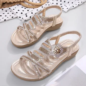Mode Été Doré Vêtement De Rue Plate Sandales Femme 2020 Faux Diamant Peep Toes Bout Ouvert Sandales