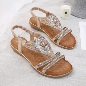 Chic Belle Été Doré Désinvolte Plate Sandales Femme 2020 Faux Diamant Peep Toes Bout Ouvert Sandales