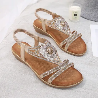 Chic Beautiful Summer Gold Casual Flat Womens Sandals 2020 Rhinestone Open Peep Toe Sandals
