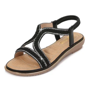 Chic Belle Noire Désinvolte Plate Sandales Femme 2020 Faux Diamant Peep Toes Bout Ouvert Sandales