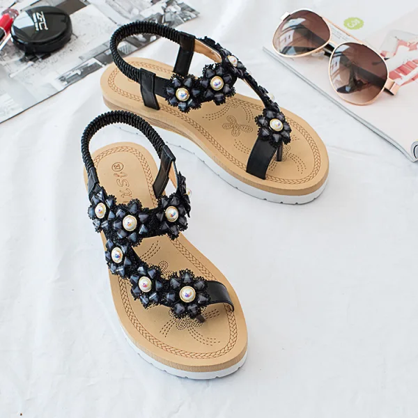 Chic / Beautiful Black Beach Womens Sandals 2020 Rhinestone Pearl Lace Flower Open / Peep Toe Sandals