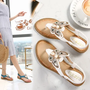 Sjarmerende Sommer Hvit Strand Flate Damesko 2020 Rhinestone Perle Sommerfugl Peep Toe Sandaler