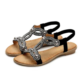Chic Belle Été Plage Noire Plate Sandales 2020 Faux Diamant Perle Peep Toes Bout Ouvert Sandales Femme