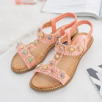 Bohême Été Rougissant Rose Plage Sandales Femme 2020 Perle Faux Diamant Peep Toes Bout Ouvert Plate Sandales