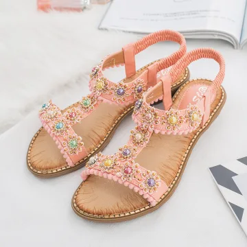 Bohême Été Rougissant Rose Plage Sandales Femme 2020 Perle Faux Diamant Peep Toes Bout Ouvert Plate Sandales