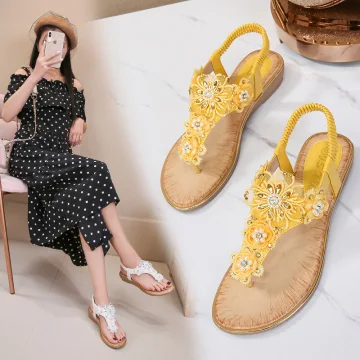 Charmant Gele Toevallig Sandalen Dames 2020 Kant Bloem Kristal Rhinestone Parel Peep Toe Platte Sandalen