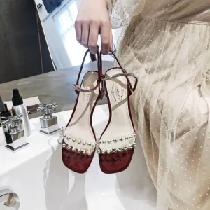 Fashion Beige Casual Womens Sandals 2020 Ankle Strap Rhinestone 5 Cm Thick Heels Open Peep Toe Sandals