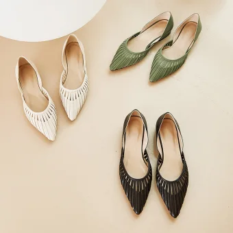 Modest Simple Black Casual Leather Womens Sandals 2020 Pierced Flat Pointed Toe Sandals