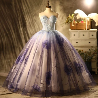 Chic Beautiful Flower Fairy Purple Glitter Prom Dresses 2021 Ball Gown Strapless Beading Lace Flower Sleeveless Backless Floor Length Long Prom