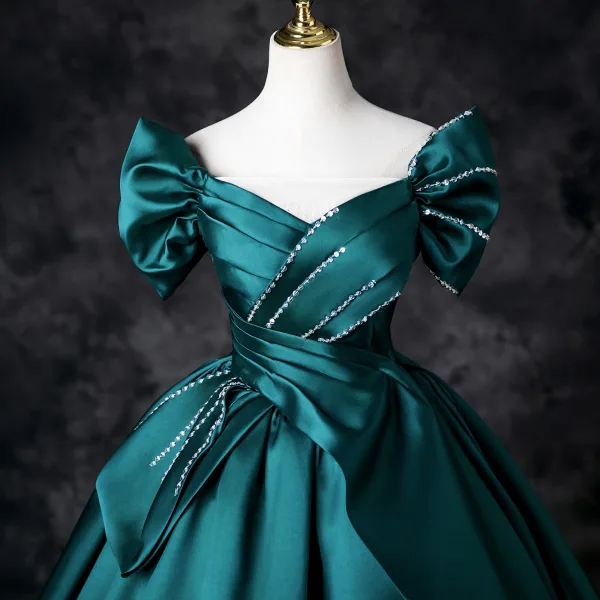 Demure Dark Green Beading Sequins Prom Dresses 2025 Ball Gown Off-The-Shoulder Satin Short Sleeve Backless Floor-Length / Long Prom Formal Dresses