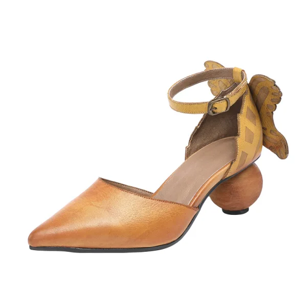 Vintage / Originale Tan Vêtement de rue Cuir Sandales Femme 2020 Papillon Bride Cheville 5 cm Talons Épais À Bout Pointu Sandales