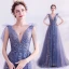 Charming Ocean Blue Evening Dresses  2020 A-Line / Princess V-Neck Beading Rhinestone Lace Flower Sleeveless Backless Floor-Length / Long Formal Dresses