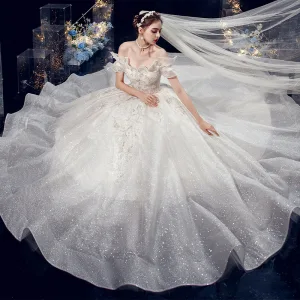 Charming Champagne Lace Wedding Dresses 2020 A Line Princess Off The Shoulder Beading Sequins Rhinestone Short Sleeve Backless Royal Train