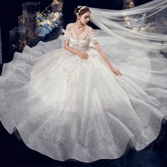 Charmant Champagne En Dentelle Robe De Mariée 2020 Princesse De L 039 Épaule Perlage Paillettes Faux Diamant Manches Courtes Dos Nu Royal Train