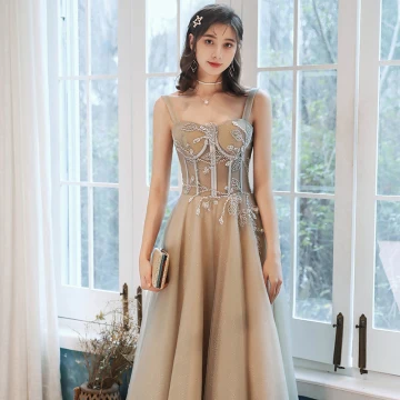 Élégant Champagne Robe De Soirée 2020 Princesse Encolure Carrée Perlage Paillettes Sans Manches Dos Nu Longue Robe De Ceremonie