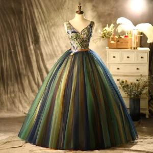 Vintage Multifarben Ballkleider 2021 Ballkleid V Ausschnitt Applikationen Strass Stoffgürtel Ärmellos Rückenfreies Lange Festliche Kleider