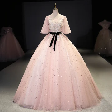 Mooie Prachtige Blozen Roze Galajurken 2021 Baljurk V Hals Rhinestone Kant Bloem Gordel Korte Mouwen Ruglooze Lange Gala Gelegenheid Jurken
