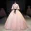 Chic / Beautiful Blushing Pink Prom Dresses 2021 Ball Gown V-Neck Rhinestone Lace Flower Sash Short Sleeve Backless Floor-Length / Long Prom Formal Dresses