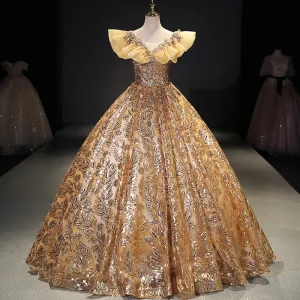Brillante Oro Glitter Vestidos De Gala 2021 Ball Gown Scoop Escote Lentejuelas Sin Mangas Sin Espalda Largos Vestidos Formales