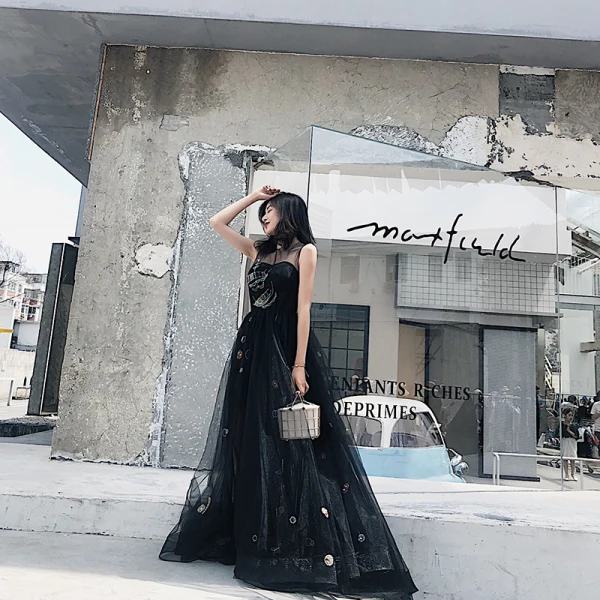 Chic / Beautiful Black Evening Dresses 2018 A-Line / Princess Cartoon Scoop  Neck Sleeveless Floor-Length / Long