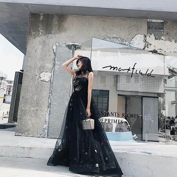Chic / Beautiful Black Evening Dresses  2018 A-Line / Princess Cartoon Scoop Neck Sleeveless Floor-Length / Long Formal Dresses