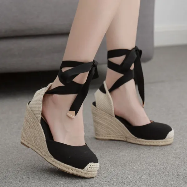 Chic / Beautiful Black Street Wear Braid Womens Sandals 2020 Ankle Strap 10 cm Wedges Platform Round Toe Sandals