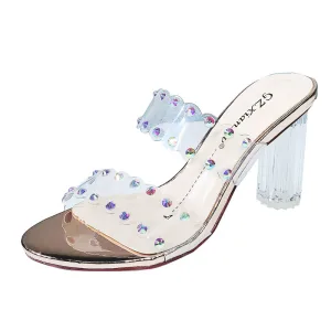 Transparent Charming Gold Street Wear Womens Sandals 2020 Rhinestone 9 Cm Thick Heels Open Peep Toe Sandals
