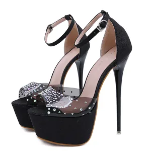 Sexy Zwarte Feest Sandalen Dames 2020 Pailletten Rhinestone Enkelband 17 Cm Naaldhakken Stiletto Peep Toe Sandalen