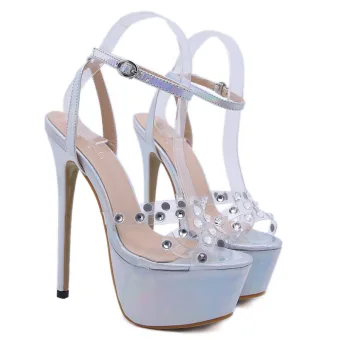 Sexy Argenté Cocktail Laser Sandales Femme 2020 Faux Diamant Bride Cheville 17 Cm Talons Aiguilles Peep Toes Bout Ouvert Sandales