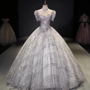 Charmant Argenté Robe De Bal 2021 Robe Boule Col Haut Perlage Perle Paillettes En Dentelle Fleur Manches Courtes Dos Nu Longue Promo Robe De Ceremonie