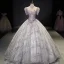 Charming Silver Prom Dresses 2021 Ball Gown High Neck Beading Pearl Sequins Lace Flower Short Sleeve Backless Floor-Length / Long Prom Formal Dresses