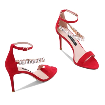 Sexy Rouge Cocktail Sandales Femme 2020 Faux Diamant Bride Cheville 10 Cm Talons Aiguilles Peep Toes Bout Ouvert Sandales