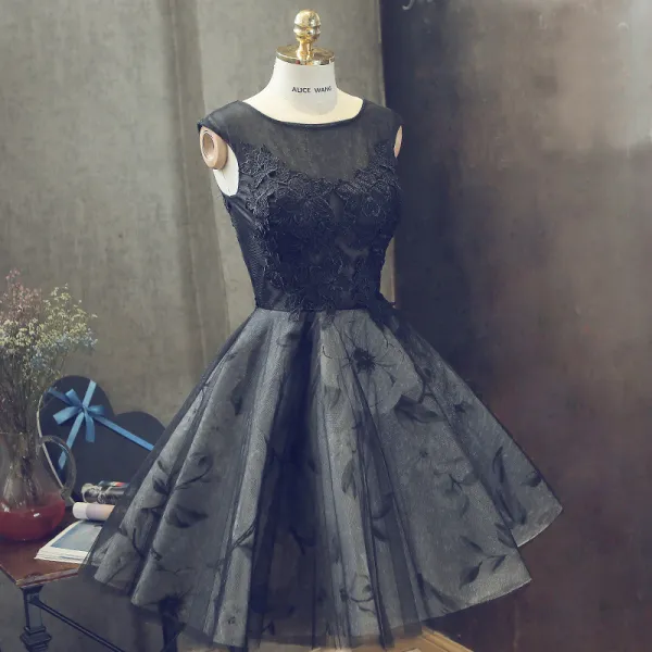 Chiński Styl Czarne Sukienki Koktajlowe 2018 Suknia Balowa Z Koronki Kwiat Wycięciem Bez Rękawów Krótkie Sukienki Wizytowe