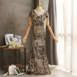Sparkly Gold Evening Dresses 2018 Trumpet Mermaid Sequins V Neck Short Sleeve Floor Length Long Formal Dresses