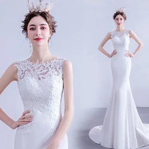 Affordable White Trumpet Mermaid Wedding Dresses 2020 Scoop Neck Lace Flower Sleeveless Backless Sweep Train