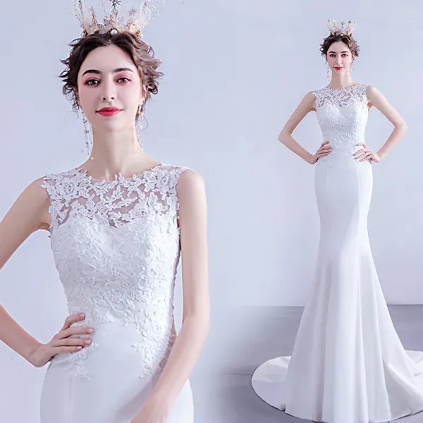 Affordable White Trumpet / Mermaid Wedding Dresses 2020 Scoop Neck Lace Flower Sleeveless Backless Sweep Train