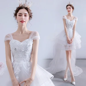 Charming High Low White Asymmetrical Wedding Dresses 2020 A Line Princess Square Neckline Beading Pearl Sequins Lace Flower Sleeveless Backless